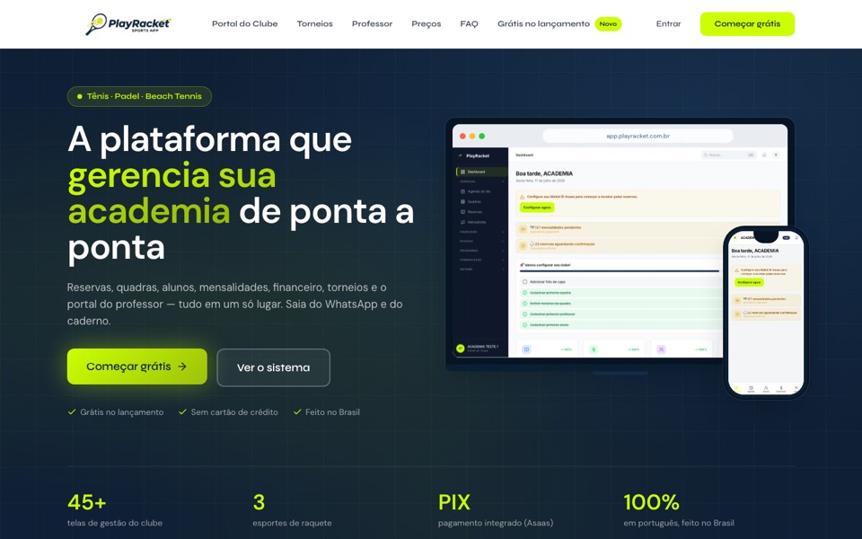 Screenshot do site PlayRacket